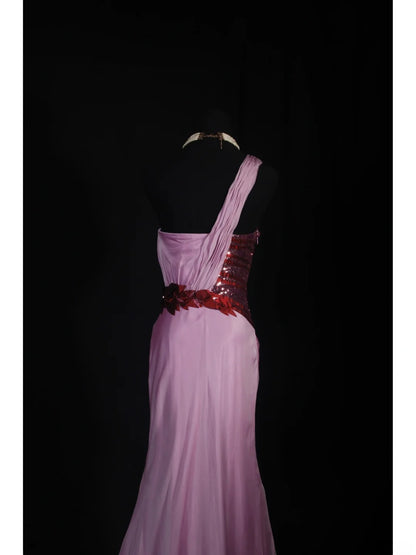 Robe de bal vintage sirène asymétrique en mousseline lilas, longue et élégante, style années 1950, AS239
