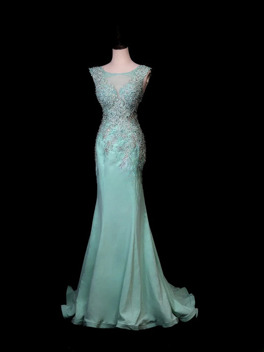 Beautiful Prom Dresses Mermaid Scoop Neck Blue With Open Backs Appliqued Long Formal Outfits RB6093