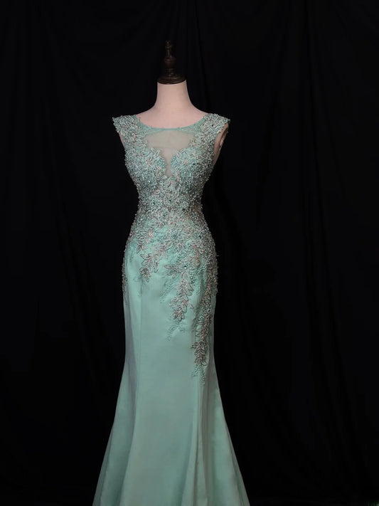 Beautiful Prom Dresses Mermaid Scoop Neck Blue With Open Backs Appliqued Long Formal Outfits RB6093