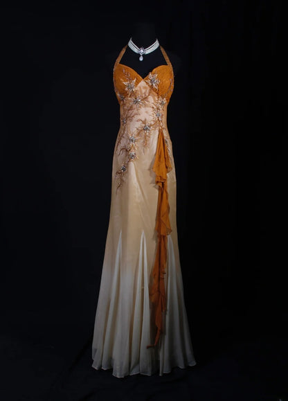 Robe de bal élégante années 1950, style sirène, dos nu, en mousseline ornée de perles, longue robe de soirée AS240