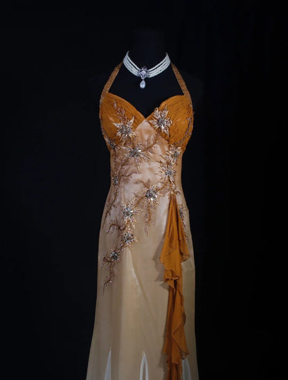 Robe de bal élégante années 1950, style sirène, dos nu, en mousseline ornée de perles, longue robe de soirée AS240
