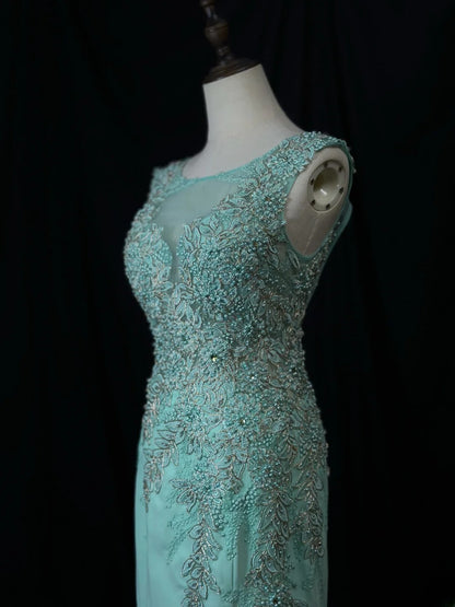 Beautiful Prom Dresses Mermaid Scoop Neck Blue With Open Backs Appliqued Long Formal Outfits RB6093