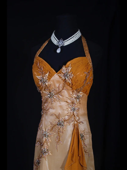 Robe de bal élégante années 1950, style sirène, dos nu, en mousseline ornée de perles, longue robe de soirée AS240