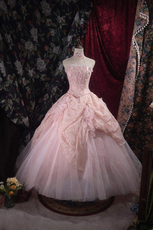 Cute Ball Gown Formal Events Scoop Pink Tulle With Appliqued Quince Dress Strapless Quinceanera Dresses Birthday Outfits RB8509