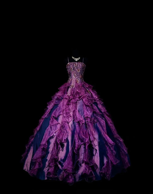 Ball Gown Spaghetti Straps Purple Long Quinceanera Dresses With Ruffled Tiered For Sweet 15 15 Anos Celebration Birthday Formal Gown RB8877