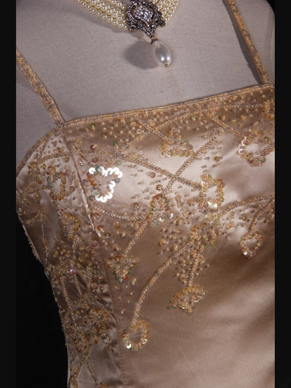 Robe de bal élégante années 1950, sirène, bretelles spaghetti, champagne, longue robe de soirée ornée de perles AS241