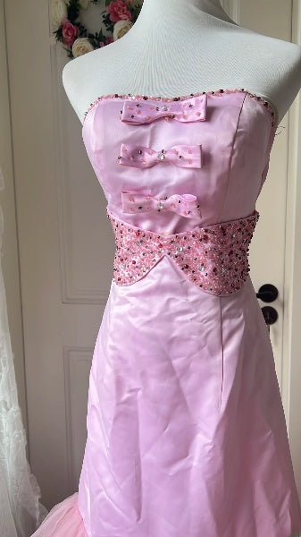 Vintage Prom Dresses Aesthetic 90s Retro Mermaid Strapless Layers Tulle Pink Evening Outfits RC0586