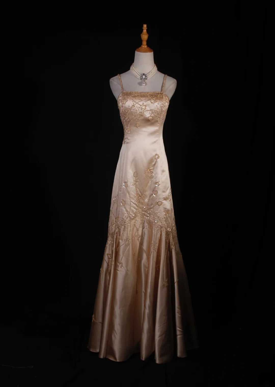 Robe de bal élégante années 1950, sirène, bretelles spaghetti, champagne, longue robe de soirée ornée de perles AS241