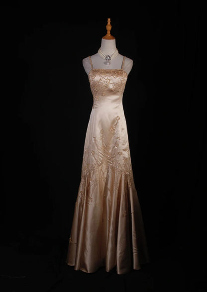 Robe de bal élégante années 1950, sirène, bretelles spaghetti, champagne, longue robe de soirée ornée de perles AS241
