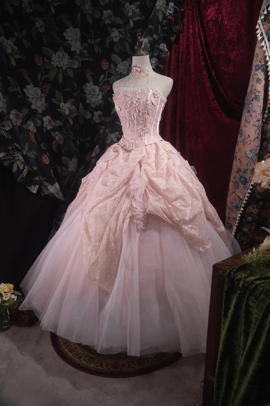 Cute Ball Gown Formal Events Scoop Pink Tulle With Appliqued Quince Dress Strapless Quinceanera Dresses Birthday Outfits RB8509