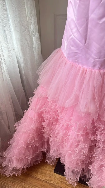Vintage Prom Dresses Aesthetic 90s Retro Mermaid Strapless Layers Tulle Pink Evening Outfits RC0586
