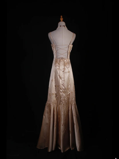 Robe de bal élégante années 1950, sirène, bretelles spaghetti, champagne, longue robe de soirée ornée de perles AS241
