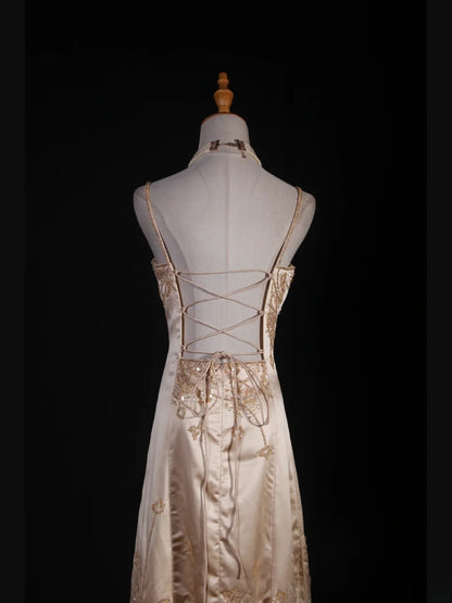Robe de bal élégante années 1950, sirène, bretelles spaghetti, champagne, longue robe de soirée ornée de perles AS241