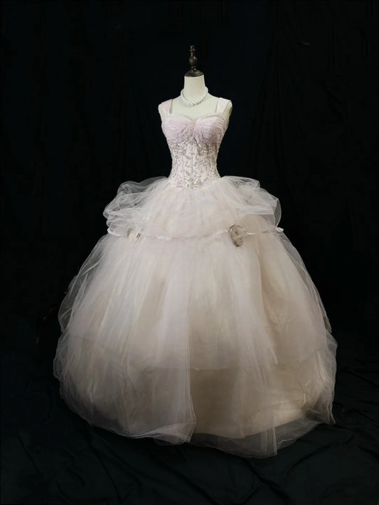 Pretty Ball Gown Straps White Pink Tulle With Beading Long 15 Quinceanera Dresses Photo Ideas Formal Outfit RB6098