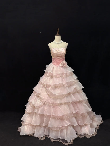 Elegant Ball Gowns Strapless Pink Poofy Long With Tiered Layers Quince Dress Sweet 16 Ideas Quinceanera Dresses Vestidos De 15 anos RB7642