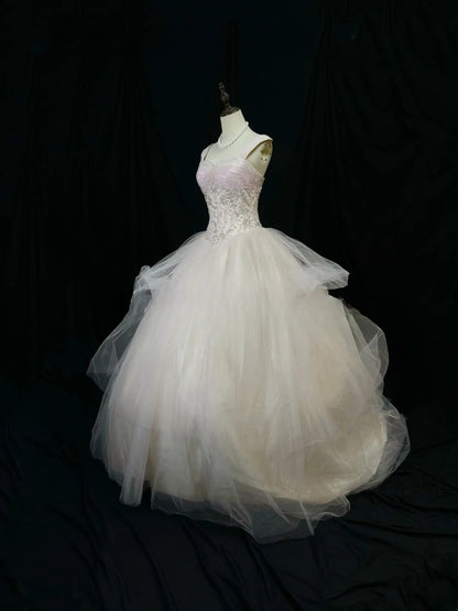 Pretty Ball Gown Straps White Pink Tulle With Beading Long 15 Quinceanera Dresses Photo Ideas Formal Outfit RB6098