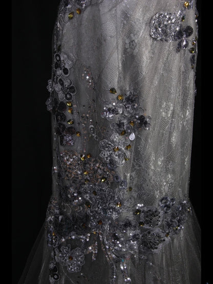 Robe de bal élégante années 1950, sirène, bretelles spaghetti, dentelle gris argenté ornée de perles, robe de soirée longue AS242