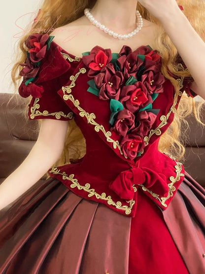 Quinceanera Dress Floral Satin Square Neck Burgundy With Sleeves Ball Gown Sweet 15 Gown RB9161