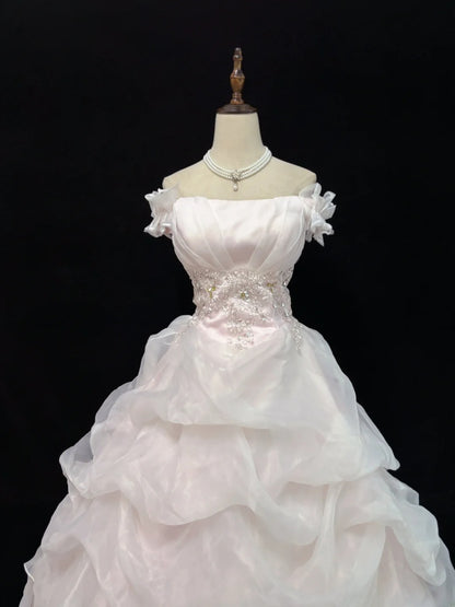 Dreamy Ball Gowns Off The Shoulder Pearl Pink With Tiered Layers Long Prom Dresses Senior Puffy Sweet 16 Sixteen Outfit Vestido de 15 RB7643