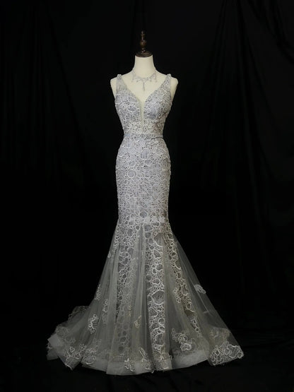 Vintage 90s Prom Dresses Mermaid V Neckline Gray Tulle Lace Long Party Gown Formal Outfits RB6095