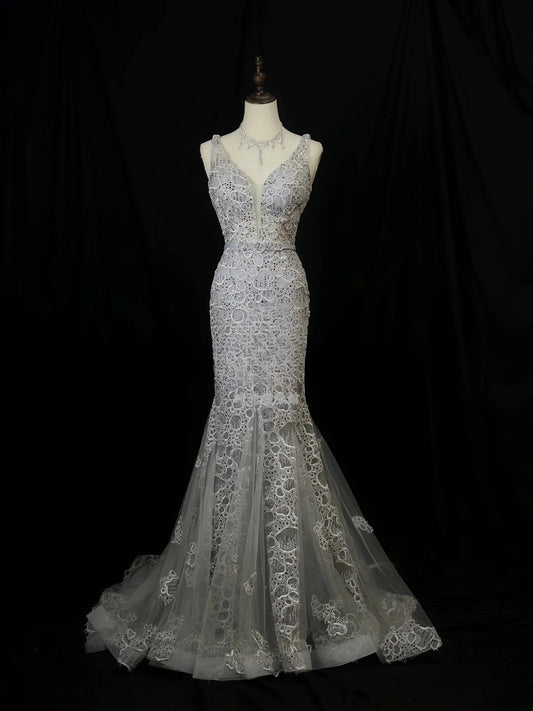 Vintage 90s Prom Dresses Mermaid V Neckline Gray Tulle Lace Long Party Gown Formal Outfits RB6095