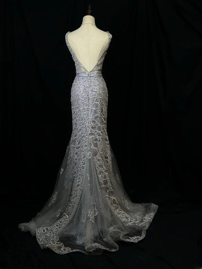 Vintage 90s Prom Dresses Mermaid V Neckline Gray Tulle Lace Long Party Gown Formal Outfits RB6095