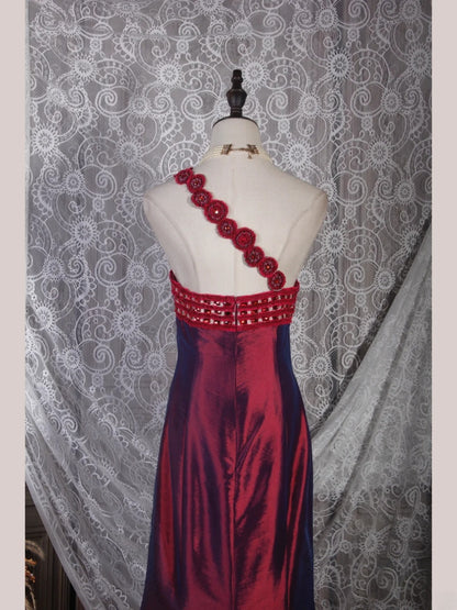 Robe de bal élégante années 50, sirène asymétrique à fleurs bordeaux, longue, pour soirée AS243