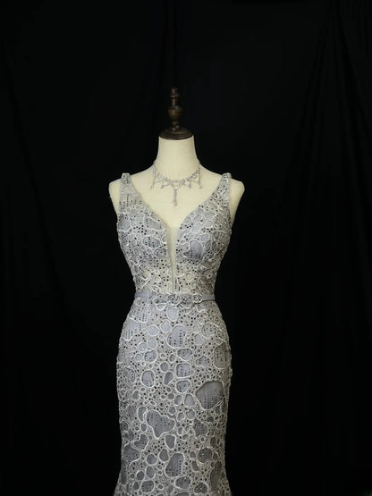 Vintage 90s Prom Dresses Mermaid V Neckline Gray Tulle Lace Long Party Gown Formal Outfits RB6095