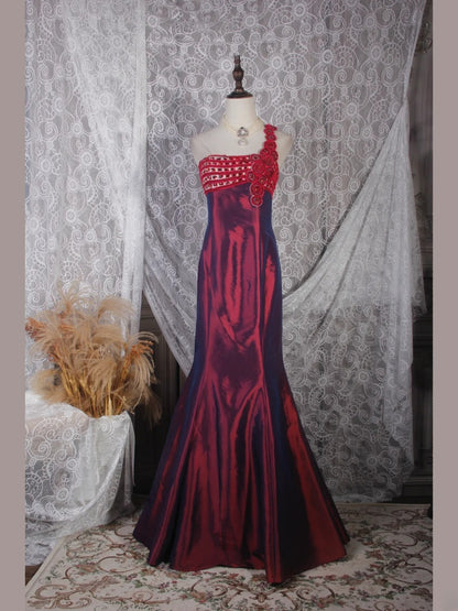 Robe de bal élégante années 50, sirène asymétrique à fleurs bordeaux, longue, pour soirée AS243