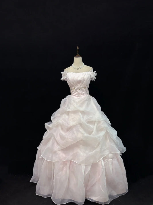 Dreamy Ball Gowns Off The Shoulder Pearl Pink With Tiered Layers Long Prom Dresses Senior Puffy Sweet 16 Sixteen Outfit Vestido de 15 RB7643
