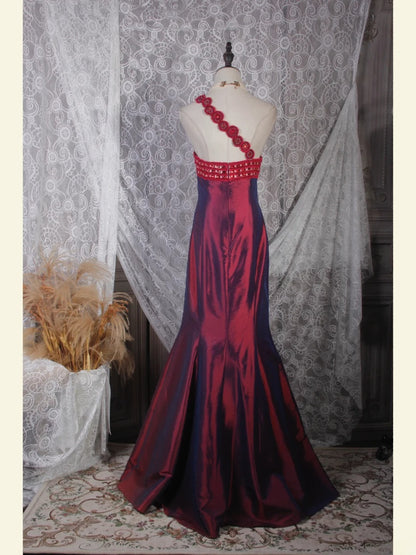 Robe de bal élégante années 50, sirène asymétrique à fleurs bordeaux, longue, pour soirée AS243