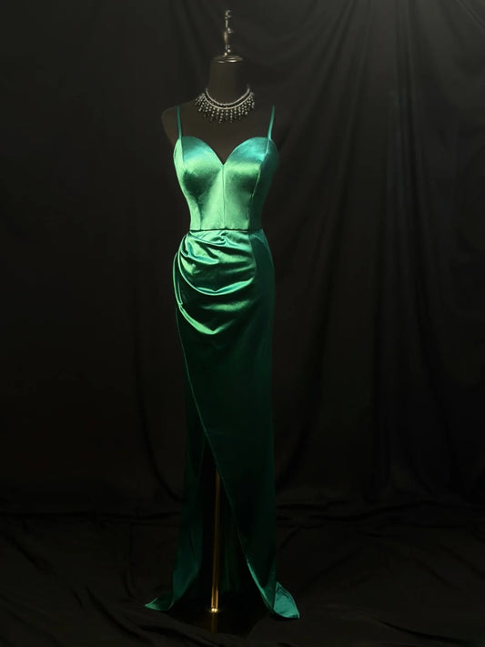 Simple Prom Dresses Mermaid Spaghetti Strap Green With Slit Long Formal Outfits RB6096