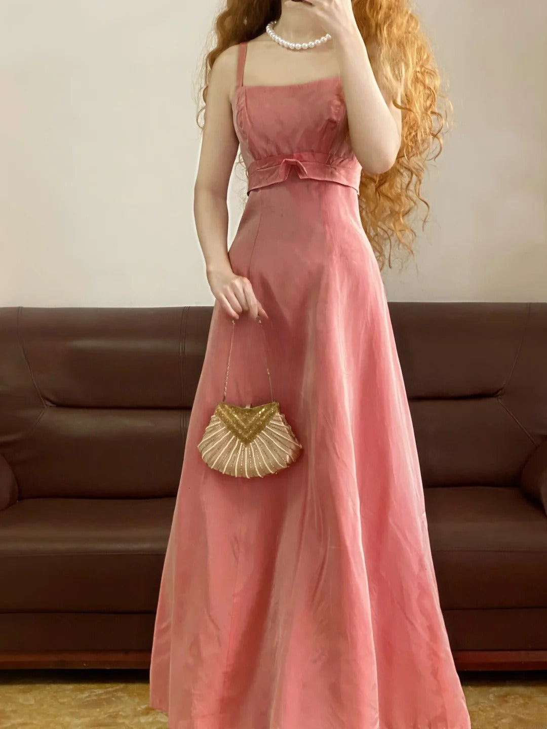 Chic A line Straps Pink Satin Floor Length Prom Dress For Women Evening Party Gown RB9163
