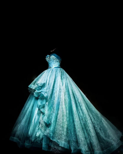 Modest Ball Gown Sweetheart Blue Tulle Long Quinceanera Dresses With Ruffled For Sweet 15 15 Anos Celebration Birthday Formal Gown RB8878