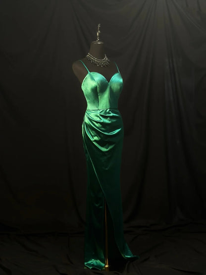 Simple Prom Dresses Mermaid Spaghetti Strap Green With Slit Long Formal Outfits RB6096