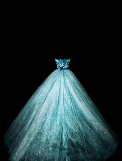 Modest Ball Gown Sweetheart Blue Tulle Long Quinceanera Dresses With Ruffled For Sweet 15 15 Anos Celebration Birthday Formal Gown RB8878