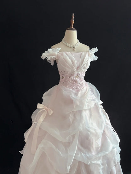 Dreamy Ball Gowns Off The Shoulder Pearl Pink With Tiered Layers Long Prom Dresses Senior Puffy Sweet 16 Sixteen Outfit Vestido de 15 RB7644