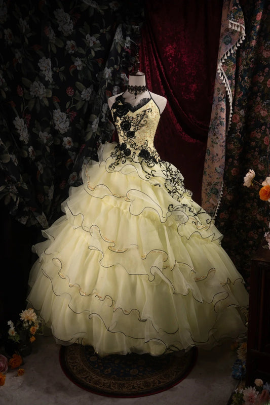 Cute Ball Gown Formal Events High Neck Yellow Tulle With Beading Quince Dress Tiered Quinceanera Dresses Birthday Outfits RB8510