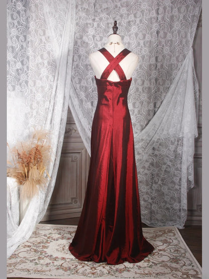 Vintage A line Sweetheart Burgundy Satin Long Formal Old 1950s Prom Dresses Night Outfits Party Gowns AS245