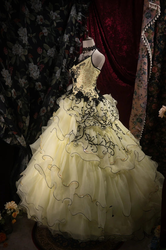 Cute Ball Gown Formal Events High Neck Yellow Tulle With Beading Quince Dress Tiered Quinceanera Dresses Birthday Outfits RB8510