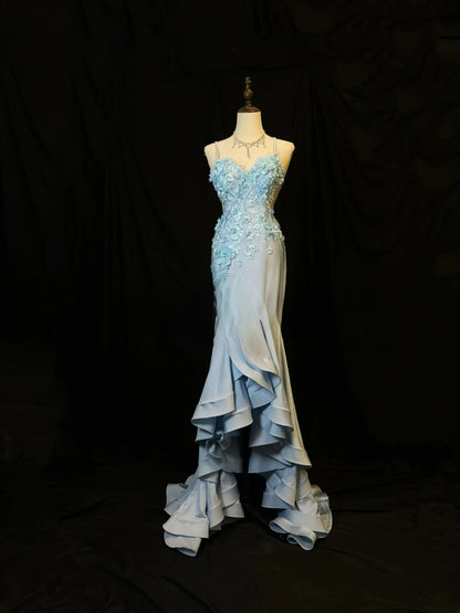 Modest Prom Dresses Mermaid Spaghetti Strap Light Sky Blue High Low With Appliqued Formal Outfits RB6097