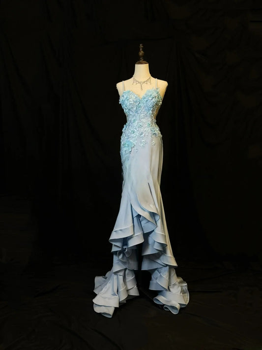 Modest Prom Dresses Mermaid Spaghetti Strap Light Sky Blue High Low With Appliqued Formal Outfits RB6097