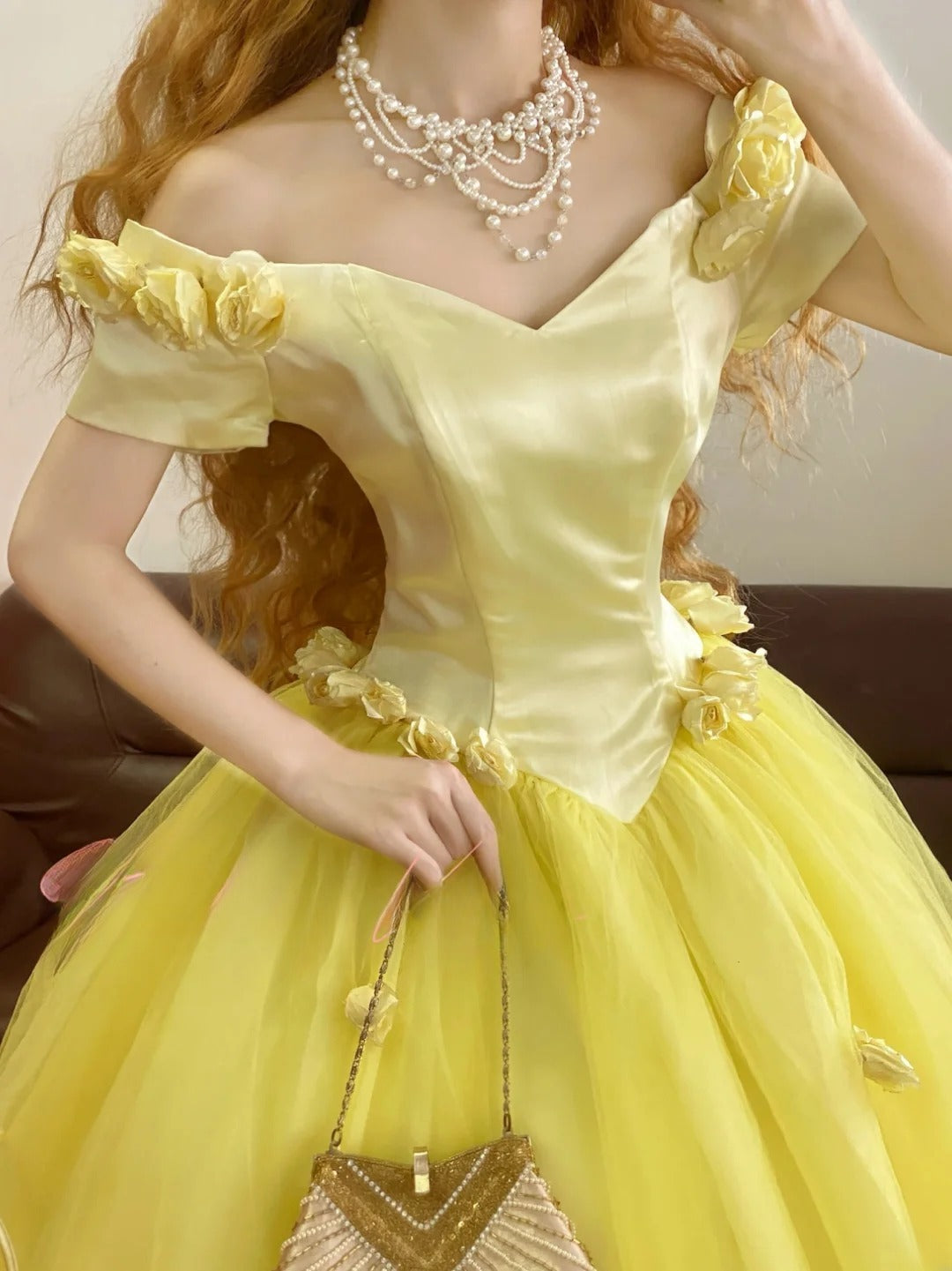 Quinceanera Dress Floral Off Shoulder Yellow With Sleeves Tulle Ball Gown Sweet 15 Gown RB9164