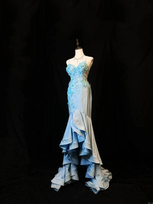 Modest Prom Dresses Mermaid Spaghetti Strap Light Sky Blue High Low With Appliqued Formal Outfits RB6097