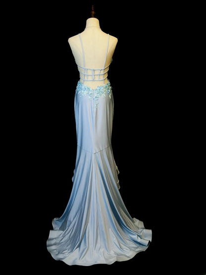 Modest Prom Dresses Mermaid Spaghetti Strap Light Sky Blue High Low With Appliqued Formal Outfits RB6097