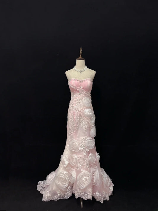Beautiful Mermaid Sweetheart Pink With 3D Flowers Long Prom Dress Formal Outfits Evening Night Dresses RB7645