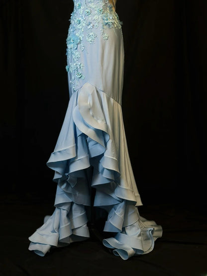 Modest Prom Dresses Mermaid Spaghetti Strap Light Sky Blue High Low With Appliqued Formal Outfits RB6097