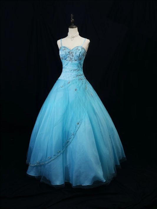 Pretty Ball Gown Spaghetti Strap Blue Tulle With Beading Corset Fitted Long 15 Quinceanera Dresses Photo Ideas Formal Outfit RB6099