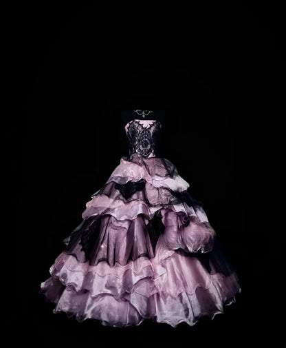 Modest Ball Gown Strapless Pink Tulle Long Quinceanera Dresses With Black Lace For Sweet 15 15 Anos Celebration Birthday Formal Gown RB8879