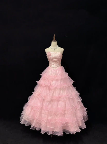 Elegant Ball Gowns Strapless Pink Poofy Long With Tiered Layers Tulle Quince Dress Sweet 16 Ideas Quinceanera Dresses Vestidos De 15 anos RB7647